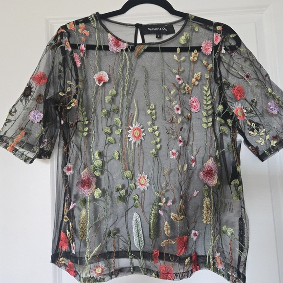 spencer and olivia Tops - Sheer Floral Embroidered Top